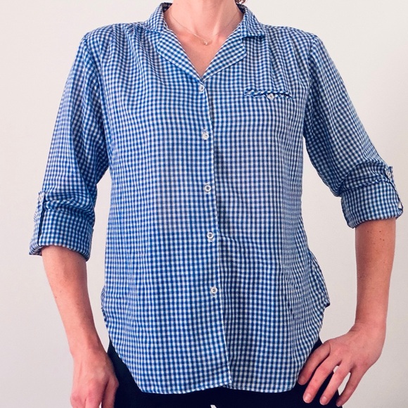 Vintage Tops - Blue Gingham Blouse Laura Mae Tab Sleeve Vintage